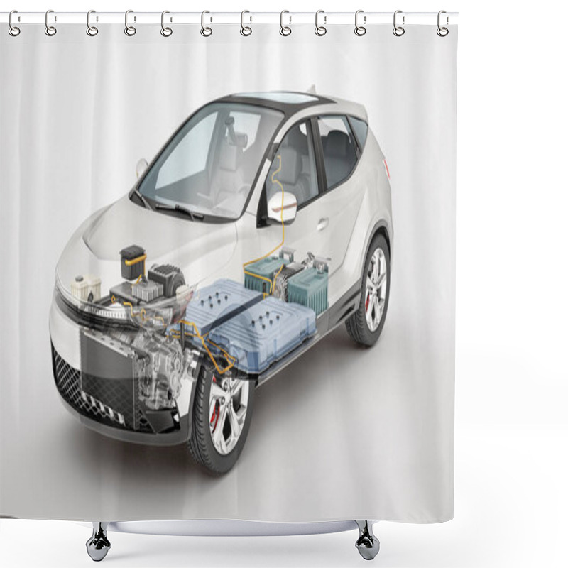 Personality  Electric Generic Car Technical Cutaway 3d Rendering With All Main Details Of EV System In Ghost Effect. Perspective View On White Background. Shower Curtains