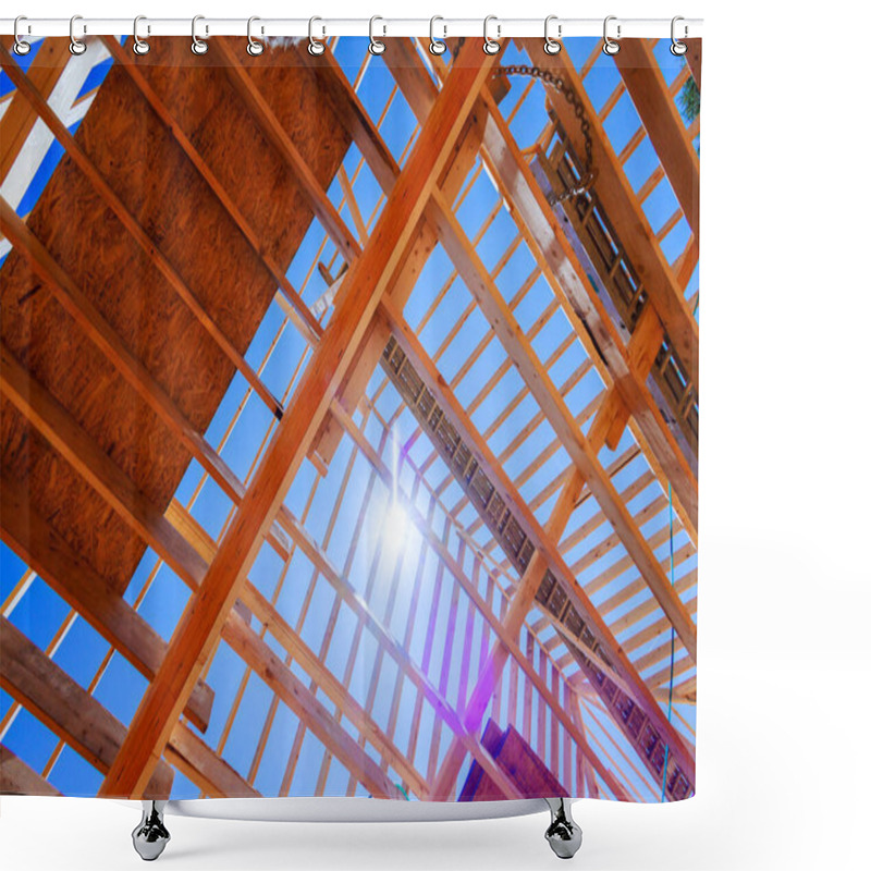 Personality  Modern Construction Site Built Structure, Emphasizing Bare Wooden Frame Open Ceiling Beams Create Interesting Angles Framework Stage Of Construction. Shower Curtains