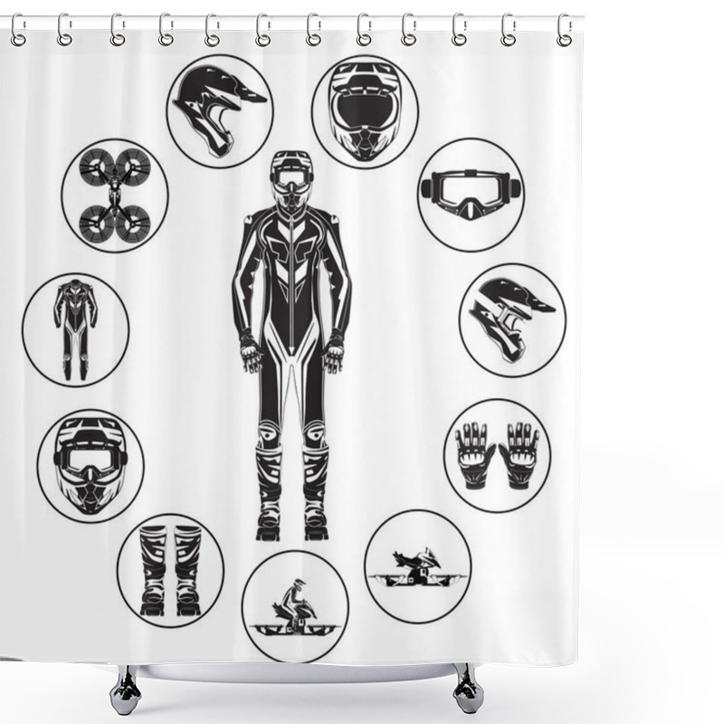 Personality  Motorcycle Hoverbike Rider In Protective Gear Vector Flat Icon Set Shower Curtains