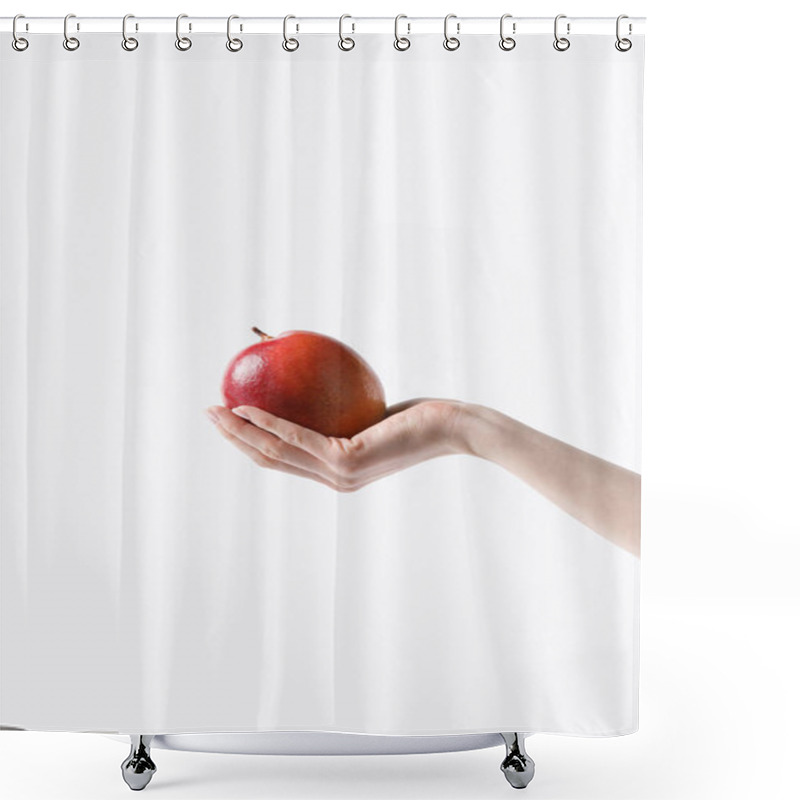 Personality  Cropped Shot Of Woman Holding Mango Fruit In Hand Isolated On White Shower Curtains