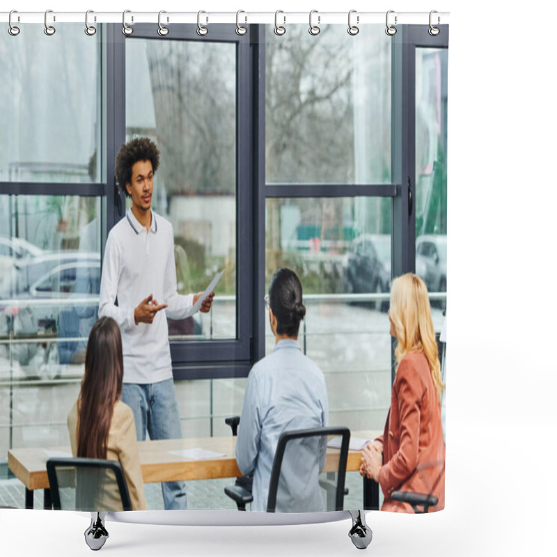 Personality  A Man Presenting To A Group Of People In An Office Setting. Shower Curtains