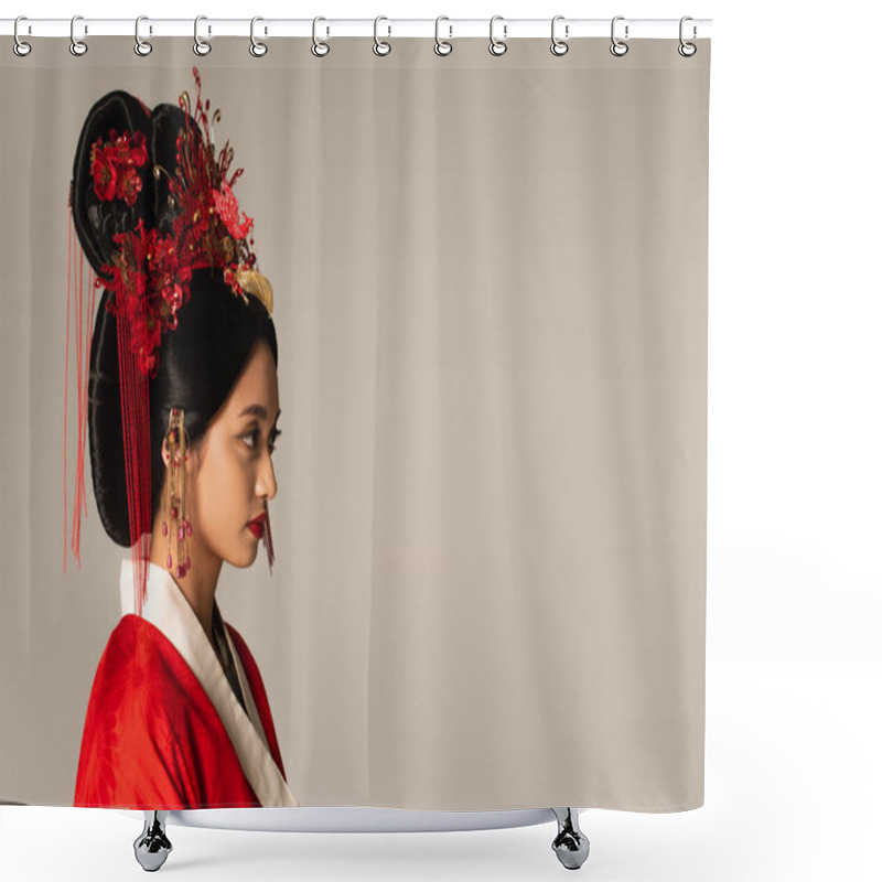 Personality  Side View Of Japanese Woman With Traditional Hairdo Isolated On Grey  Shower Curtains