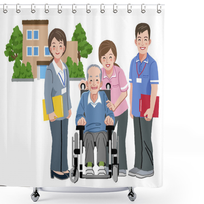 Personality  Cheerful Elderly Person In Wheelchair With His Nursing Caregiver Shower Curtains