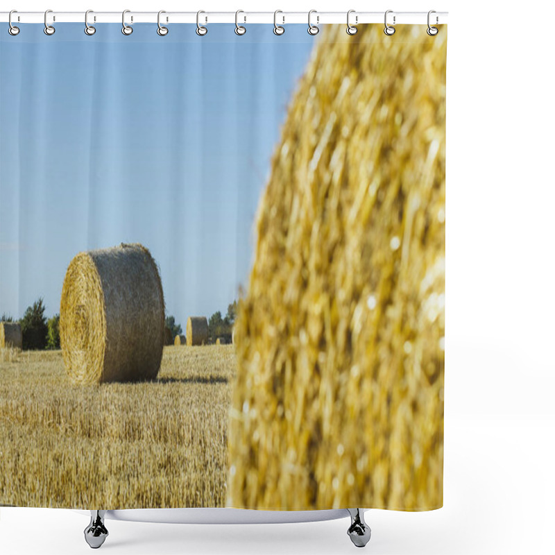 Personality  Yellow Wheat Field With Straw Bales After Harvesting On A Sunny Day In Normandy, France. Country Landscape, Agricultural Fields In Summer. Environment Friendly Farming, Industrial Agriculture Concept Shower Curtains