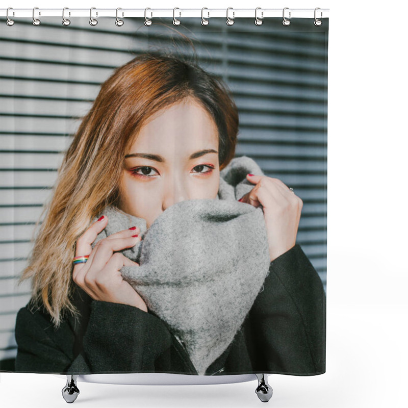 Personality  Asian Girl Appearance Closes Scarf Face Shower Curtains