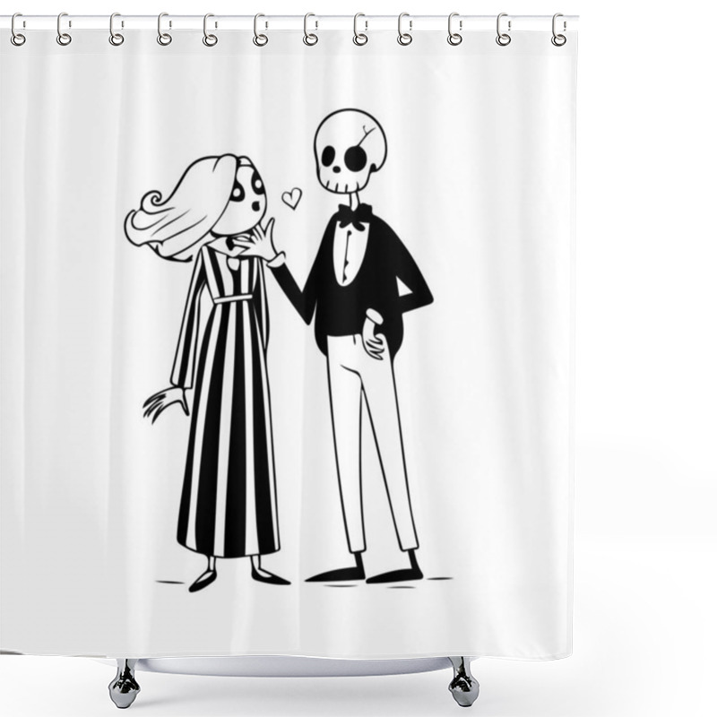 Personality  Silhouette Of A Stylized Skeleton Bride And Groom Illustration For Halloween Shower Curtains