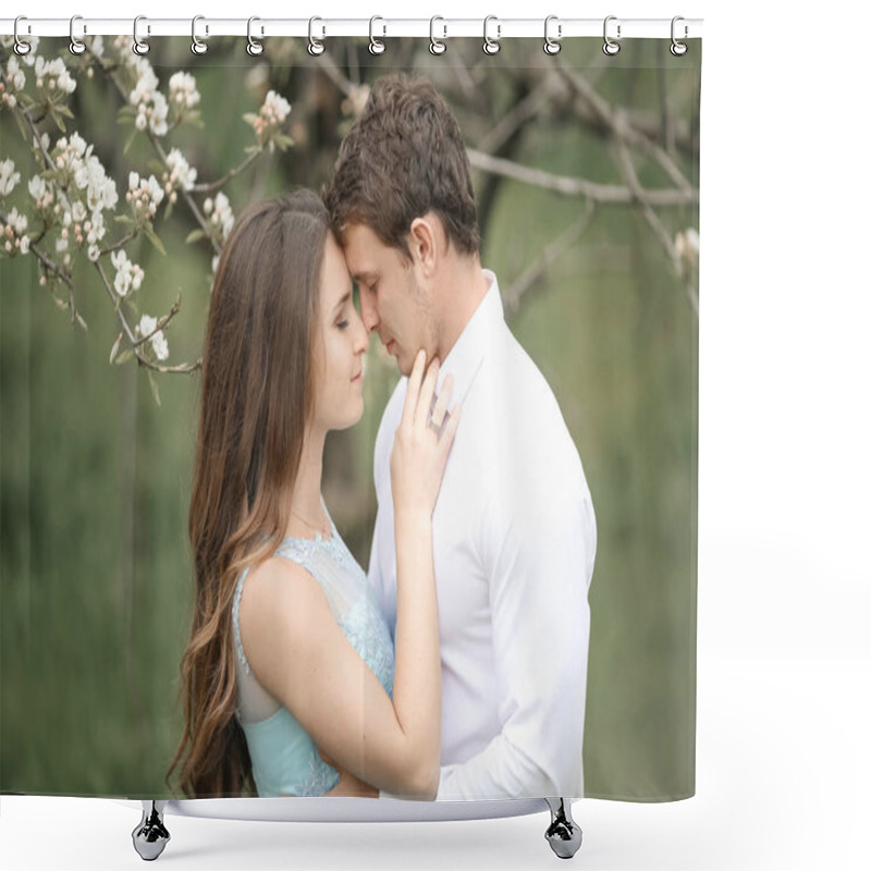 Personality  Kissing Newlywed Couple Is Spending Time In The Blooming Garden. Shower Curtains