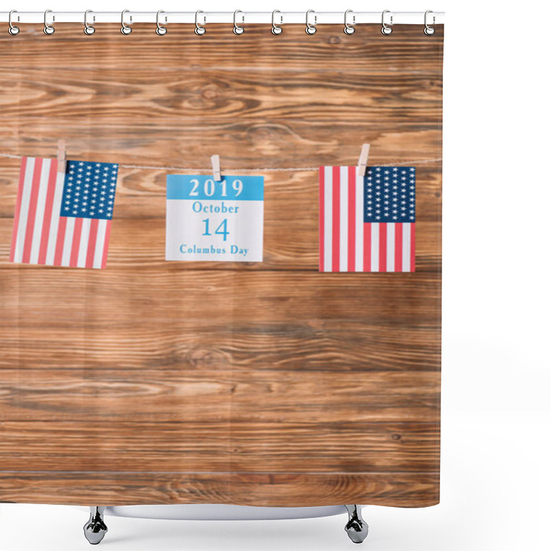 Personality  Calendar Paper Sheet With 14 October Date Between American National Flags On Wooden Surface Shower Curtains