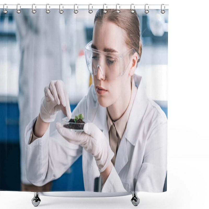 Personality  Selective Focus Of Attractive Biochemist Touching Green Plant  Shower Curtains