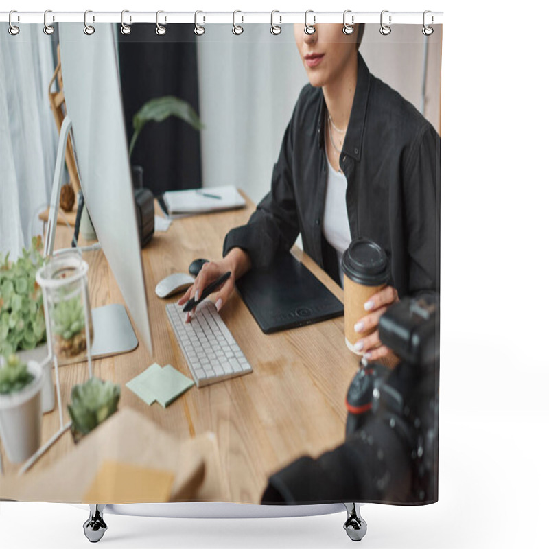 Personality  Cropped View Of Young Female Designer Holding Coffee And Working With Computer And Drawing Tablet Shower Curtains