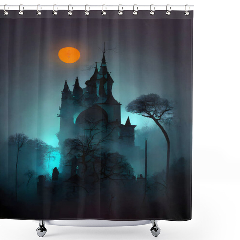 Personality  A Spooky Macabre Halloween Digital Painting, Greeting Card With A Gothic Castle, Cemetery, Trees, Moon. A Generative Artwork. Shower Curtains