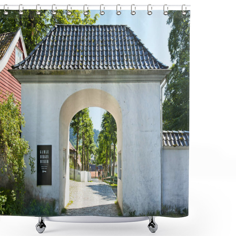 Personality  BERGEN, NORWAY - JULY 20, 2018: Entrance To Gamle Bergen Museum - Old Bergen Museum - The Open Air Museum With A Small Town Life During The 18th And 19th Centuries. Shower Curtains