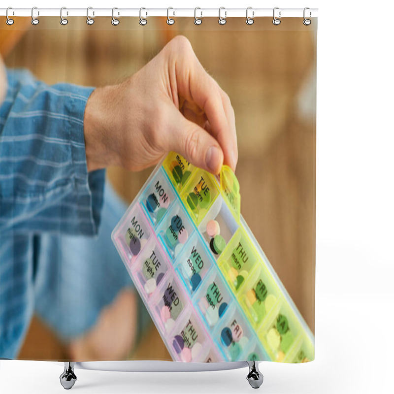 Personality  A Handsome Man At Home In The Morning, Peacefully Holding A Plastic Pill Organizer. Shower Curtains