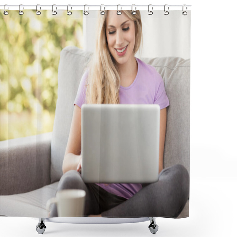 Personality  Young Beautiful Woman Using A Laptop At Home Shower Curtains