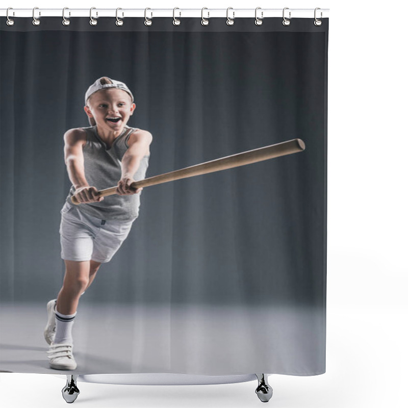 Personality  Emotional Preteen Boy In Cap With Baseball Bat On Grey Background Shower Curtains