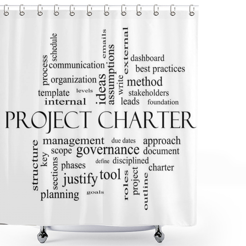 Personality  Project Charter Word Cloud Concept In Black And White Shower Curtains