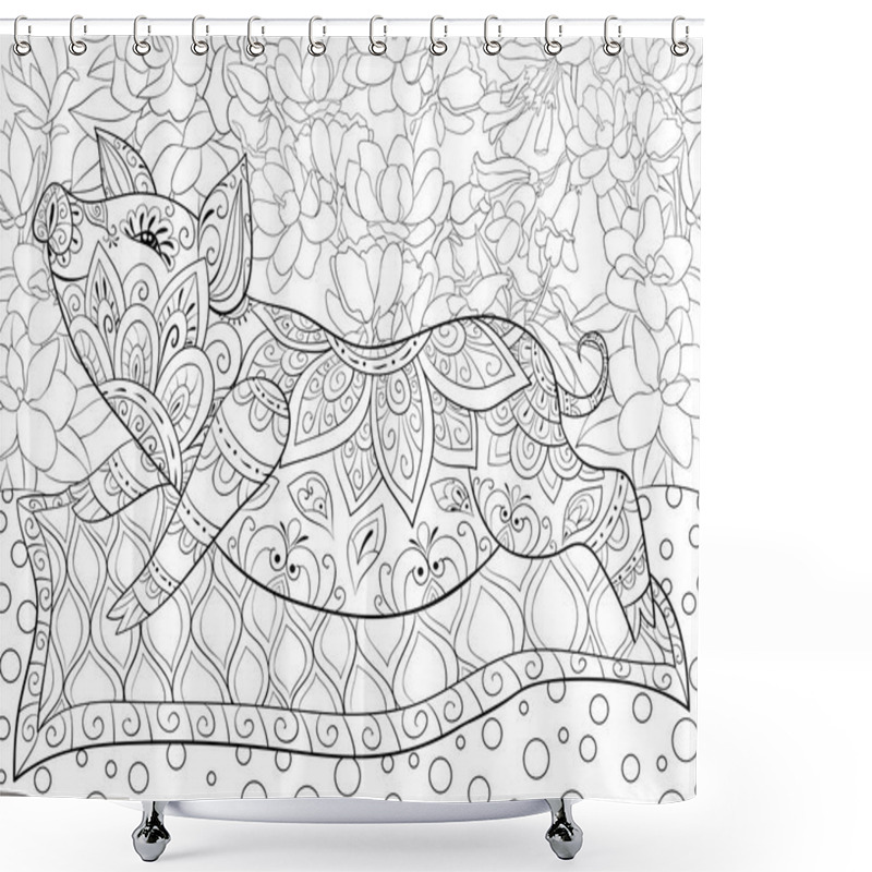 Personality  A Cute Pig On The Blanket On The Floral Background Image For Adults.A Coloring Book,page For Relaxing Activity.Zen Art Style Illustration For Print. Shower Curtains