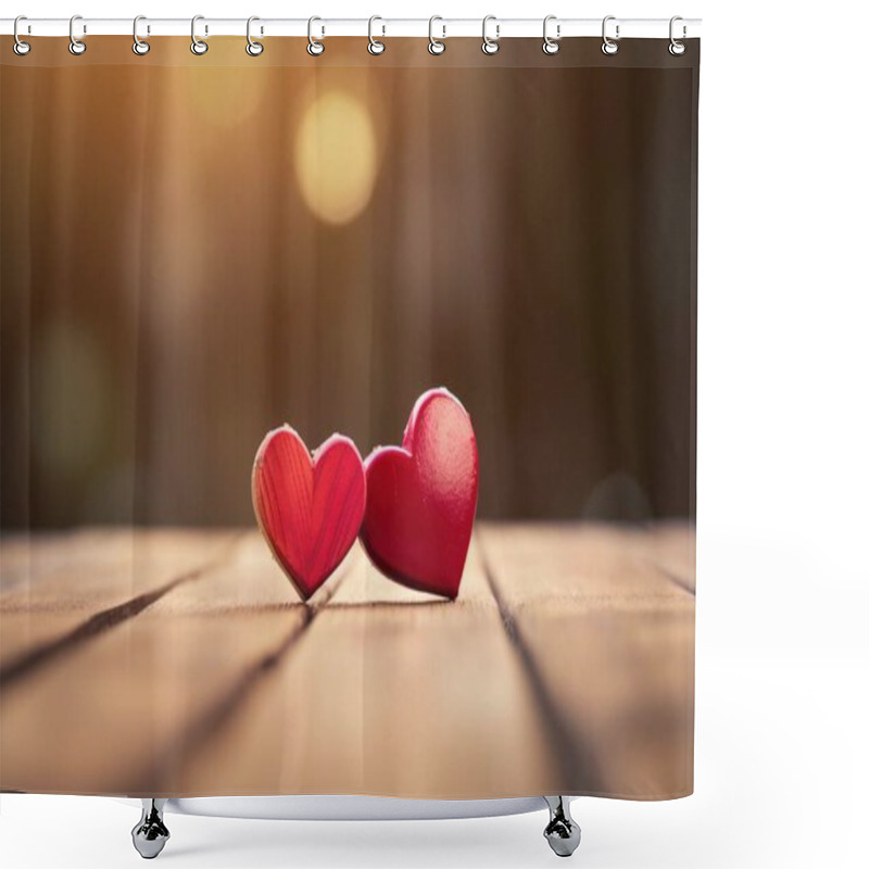 Personality  Two Red Hearts On A Wooden Surface, In The Style Of Lighthearted, Pink Core AI Shower Curtains