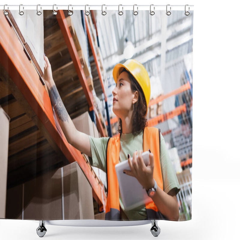 Personality  Tattooed Female Warehouse Worker In Safety Vest And Hard Hat Holding Digital Tablet Near Cargo Boxes Shower Curtains