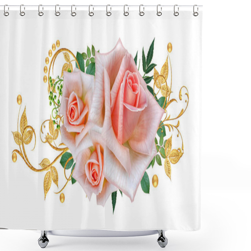 Personality  Decorative Ornament, Paisley Element, Delicate Textured Leaves Made Of Fine Lace And Pearls. Jeweled Shiny Curls, Pink Roses. Openwork Weaving Delicate. Shower Curtains