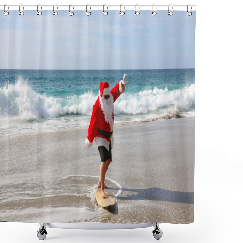 Personality  Surfing Santa Claus. Christmas. Christmas Vacation. Surfing Santa. Surf Board. Hang Ten. Santa Claus Rides The Waves While On Vacation. Santa Surfs Before Christmas Eve. Santa Claus And Surf Board. Santa Claus Surfs On His Surf Board. Surfs Up. Shower Curtains