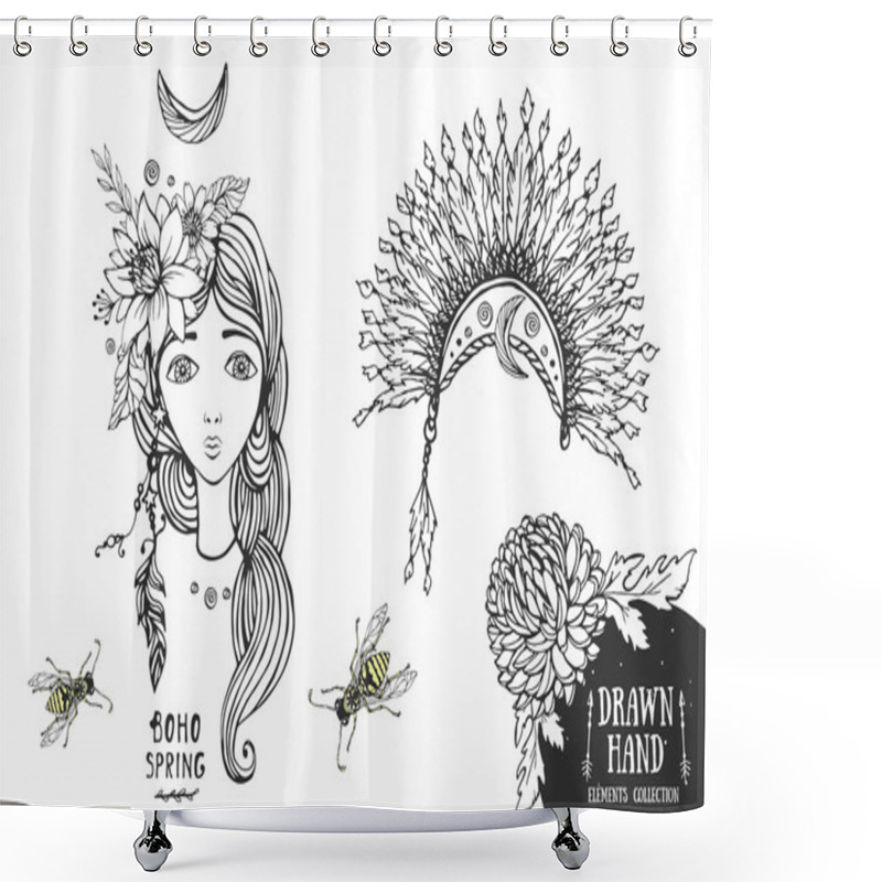 Personality  Set Of Boho Style Frames And Hand Drawn Elements Shower Curtains