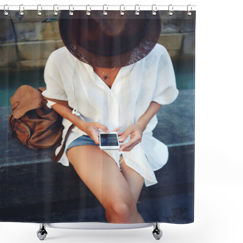 Personality  Female Traveler Using Her Mobile Phone Shower Curtains