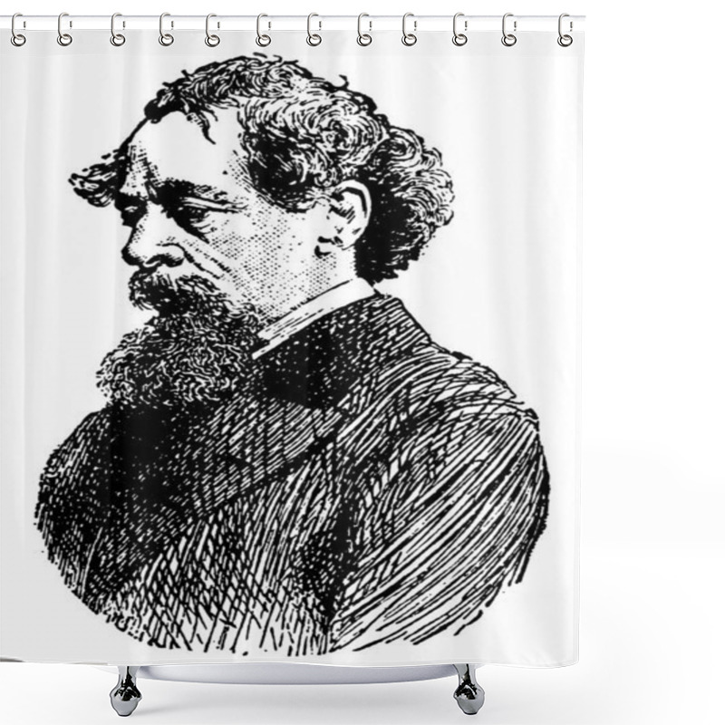 Personality  Charles Dickens, 1812-1870, He Was An English Writer And Social Critic, One Of The Most Popular English Novelists Of The Victorian Era As Well As A Vigorous Social Campaigner, Vintage Line Drawing Or Engraving Illustration Shower Curtains