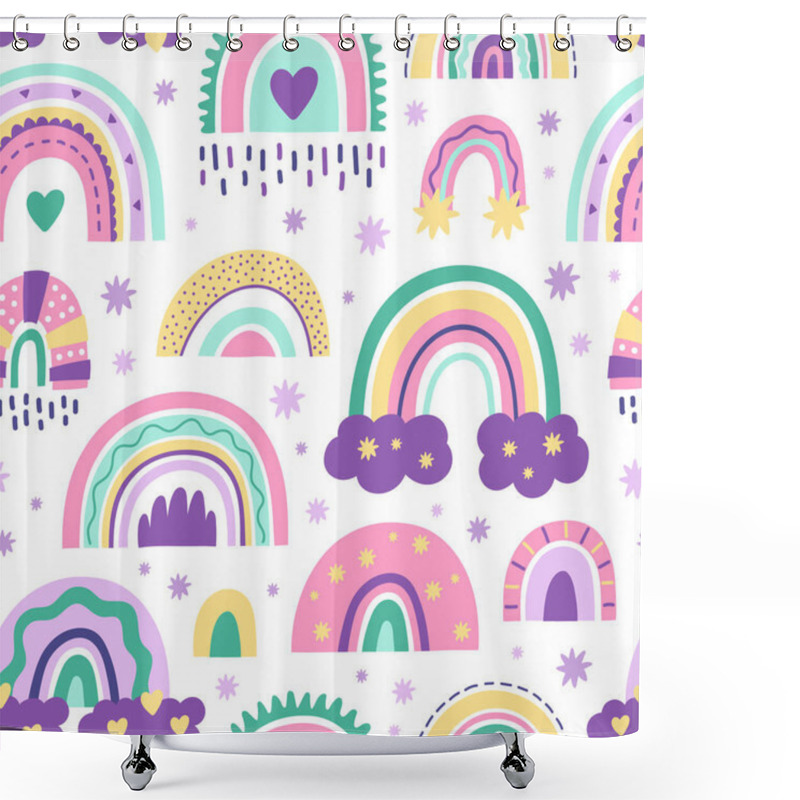 Personality  Cute Nursery Rainbow Pattern. Doodle Childish Seamless Pattern, Scandinavian Style Rainbow. Kids Nursery Rainbows Vector Background Illustration Shower Curtains