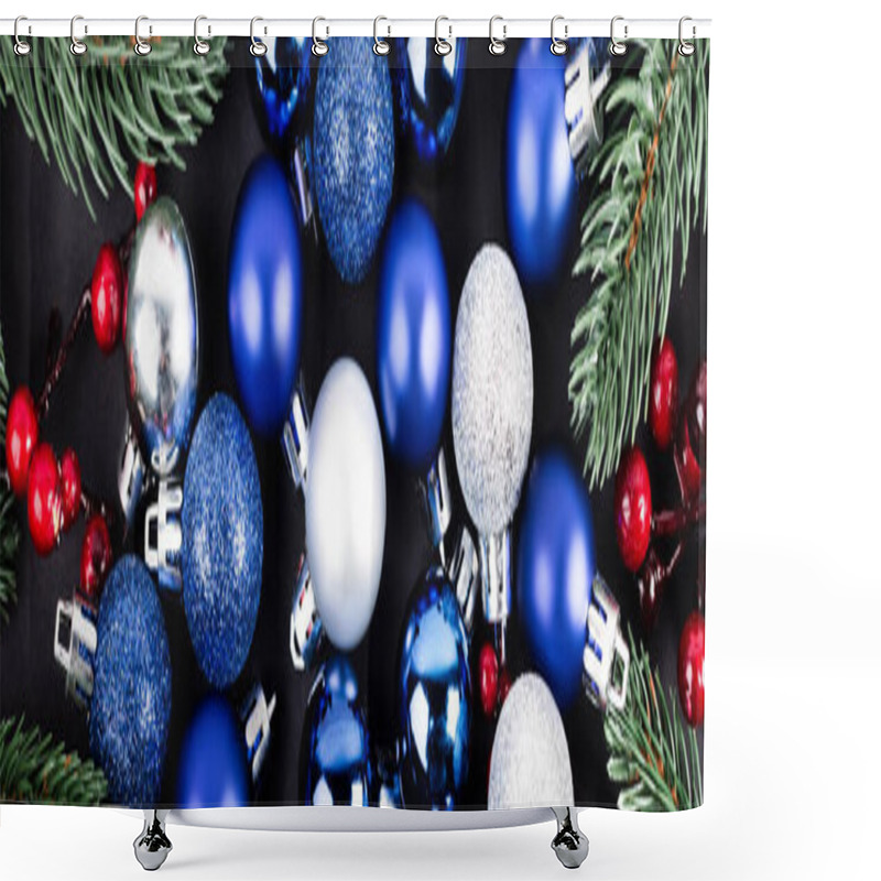 Personality  Top View Of Christmas Balls, Red Beads And Spruce Branches, Banner Shower Curtains