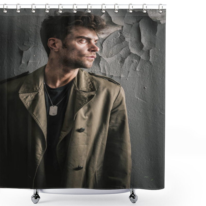 Personality  Handsome Man Standing Near Old Wall In Chernobyl, Post Apocalyptic Concept Shower Curtains