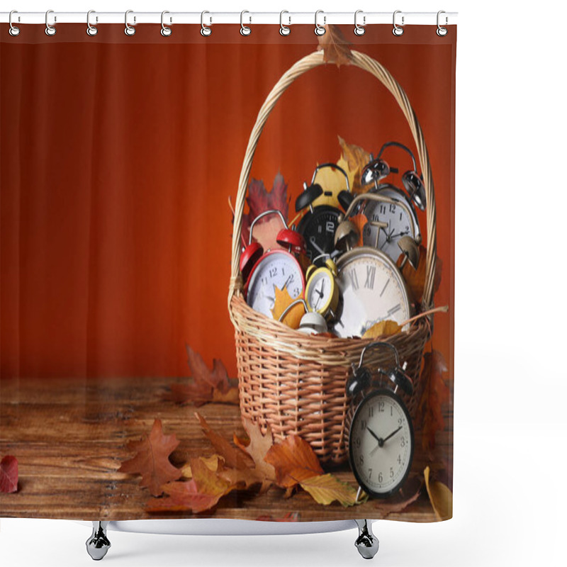 Personality  Alarm Clocks And Dry Leaves In Wicker Basket On Wooden Table Against Brown Background, Space For Text Shower Curtains