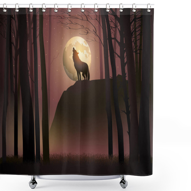 Personality  Wolf Howling During Full Moon, Vector Illustration Shower Curtains