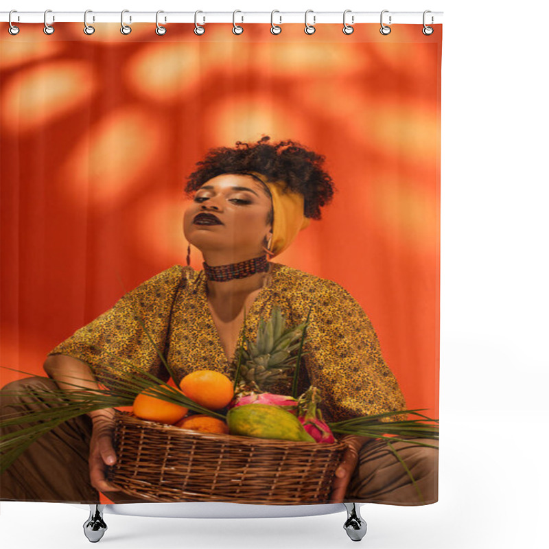 Personality  Confident Young African American Woman Holding Basket With Exotic Fruits On Orange Shower Curtains