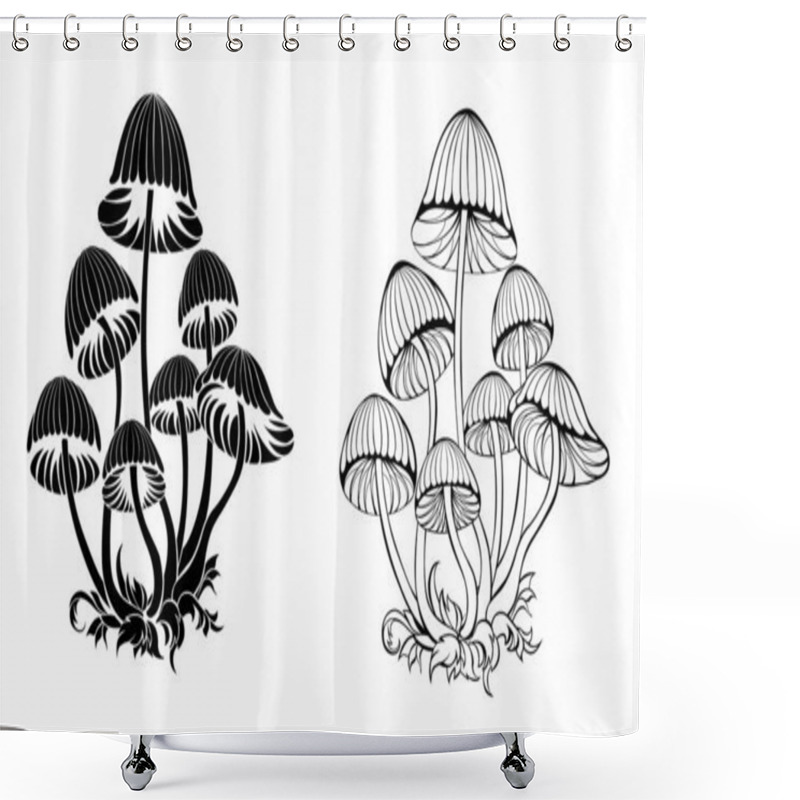 Personality  Two Groups Of Artistically Drawn, Contoured, Black, Isolated, Silhouette Toadstools On A White Background. Hallucinogenic Mushrooms. Shower Curtains