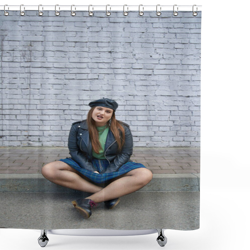 Personality  Full Length Of Chic Plus Size Woman Posing In Leather Jacket, Plaid Skirt With Chains, Fishnet Tights And Black Shoes While Sitting Near Brick Wall On Urban Street, Body Positive, Full Length Shower Curtains