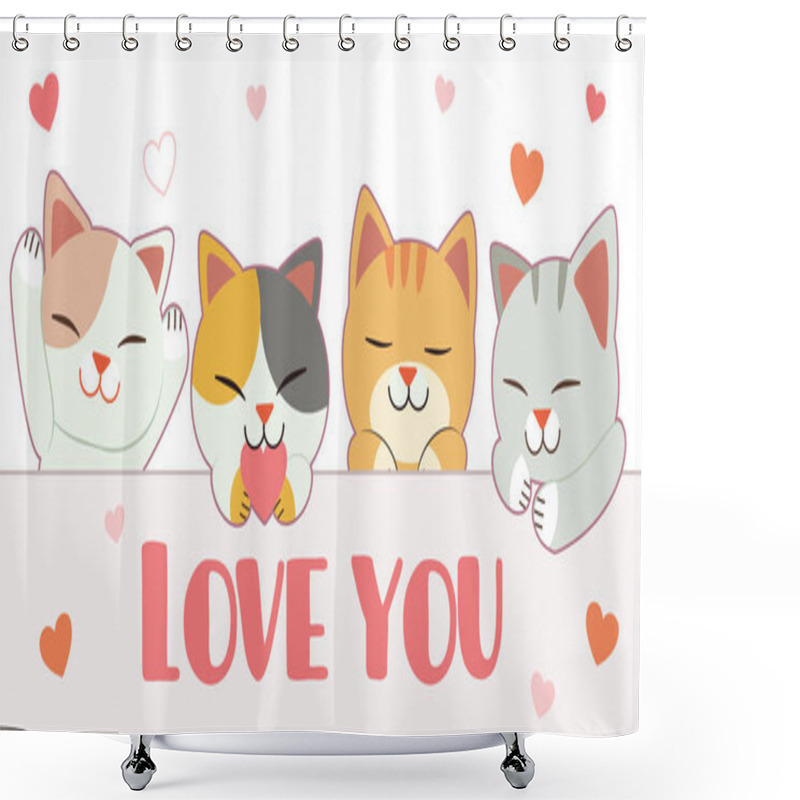 Personality  The Character Of Cute Cat With Friends And Label And Heart. The Character Of Cute Cat Say Love You With Heart In The White Background. The Character Of Cute Cat In Flat Vector Style. Shower Curtains