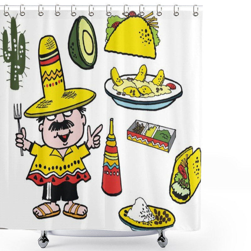 Personality  Vector Cartoon Of Smiling Man With Mexican Food Dishes. Shower Curtains