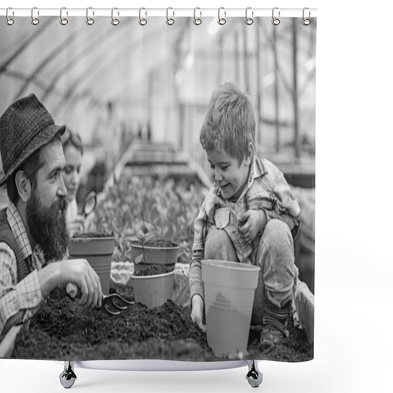 Personality  Smiling Kid Playing With Daddy In Greenhouse. Bearded Man In Blue Vest, Yellow Shirt And Hat Looking At His Son, Mommy Checking Plants With Magnifying Glass. Eco Gardening Concept Shower Curtains