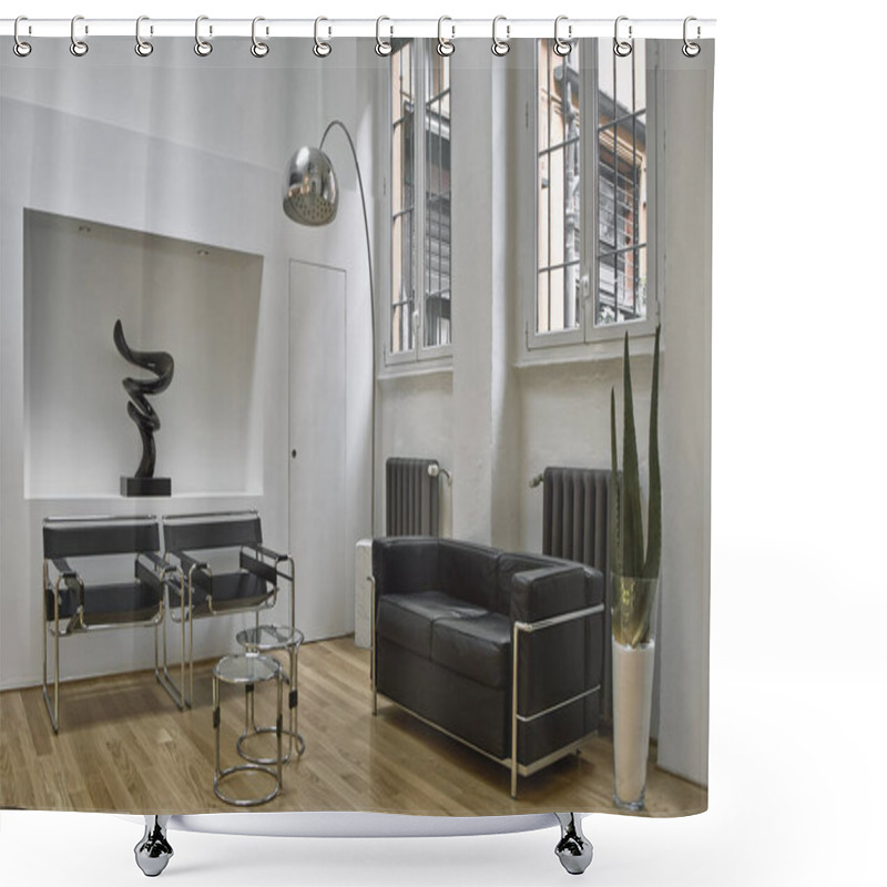 Personality  Interiors Shots Of A Modern Living Room In The Foreground Two Leather Armchair And The Black Leather Sofa The Floor Is Made Of Wood Shower Curtains