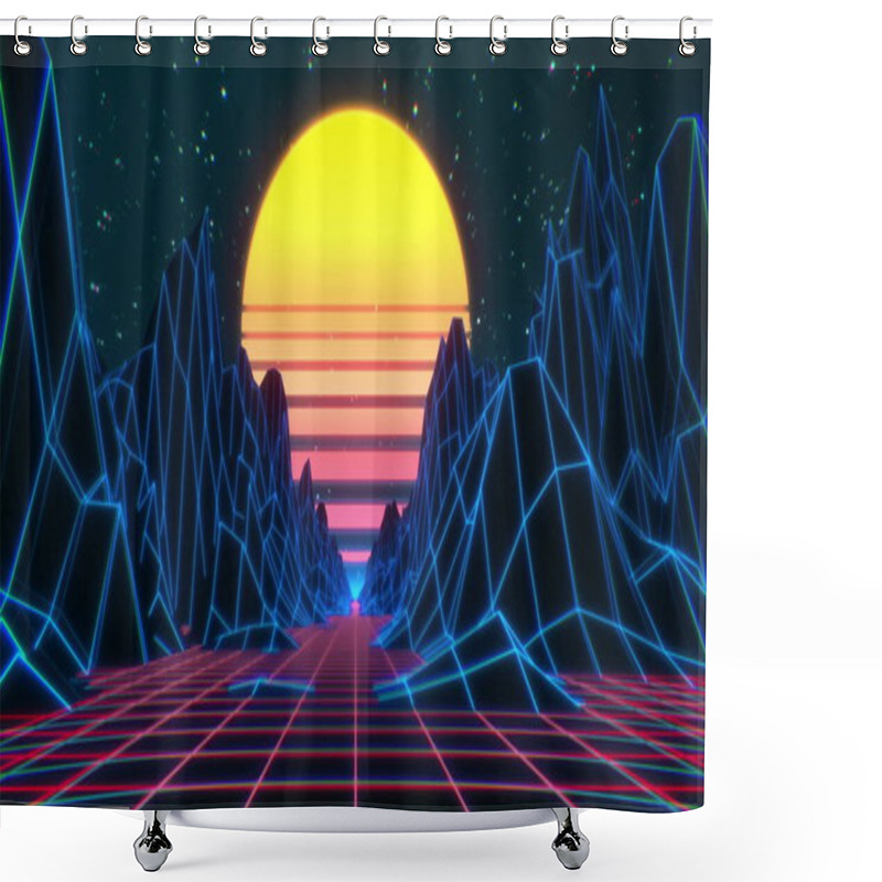 Personality  80s Retro Futuristic Sci-fi Background. Retrowave VJ Videogame Landscape With Neon Lights And Low Poly Terrain. Stylized Vintage Cyberpunk 3D Illustration With Mountains, Sun And Glowing Stars. 4K Shower Curtains