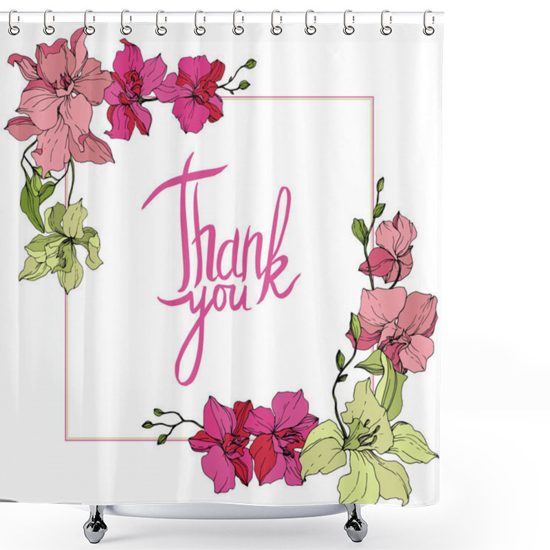 Personality  Beautiful Pink And Yellow Orchid Flowers And Square Frame. Thank You Handwriting Monogram Calligraphy. Shower Curtains