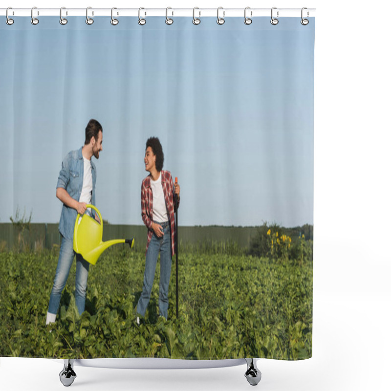 Personality  Farmer With Watering Can Talking To Cheerful African American Woman In Field Shower Curtains