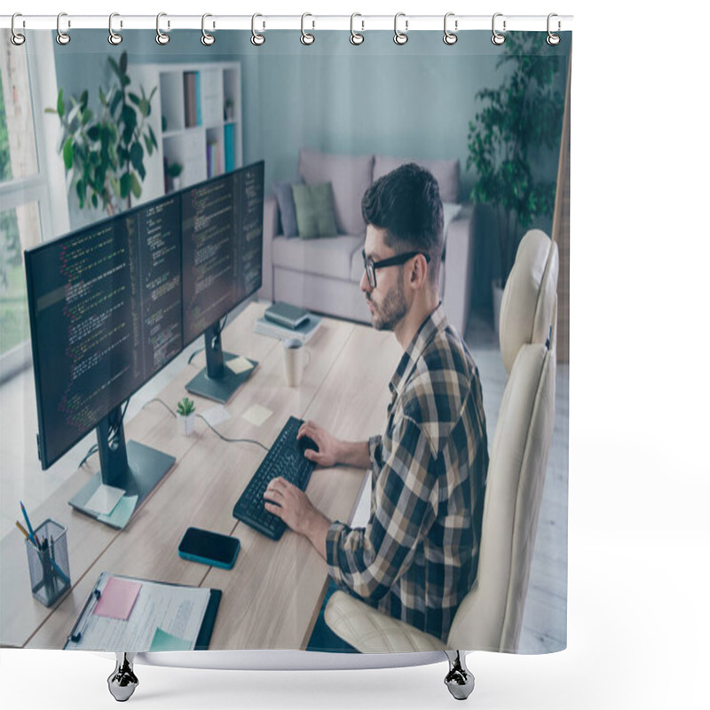 Personality  Photo Of Handsome Serious Guy Wear Glasses Debugging Modern Device App Indoors Workstation Workshop Home. Shower Curtains