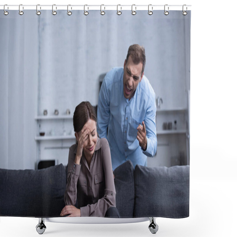 Personality  Aggressive Man In Shirt Screaming At Wife During Quarrel Shower Curtains