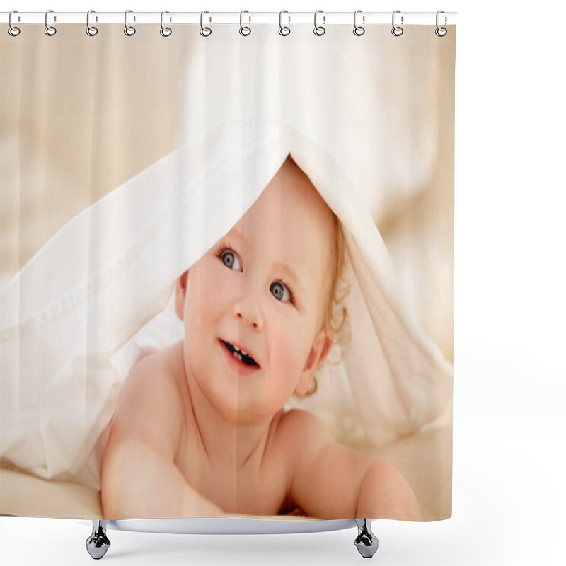 Personality  Smile, Face And Happy Baby On A Bed With Blanket For Playing, Games Or Fun In A Nursery Room. Learning, Child Development And Curious Little Boy Kid In A Bedroom With Sheet Cover While Lying In House. Shower Curtains