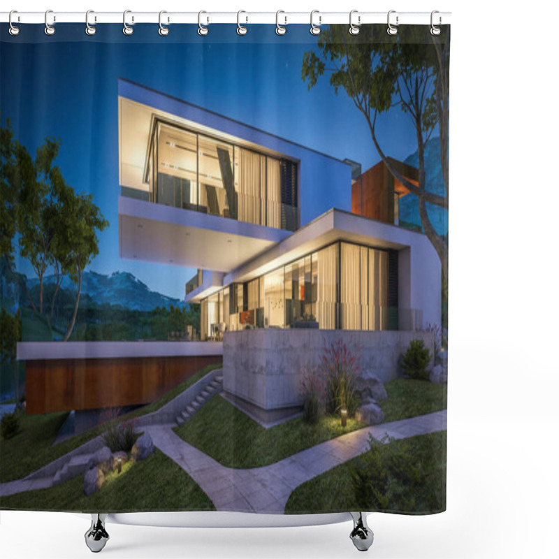 Personality  3d Rendering Of Modern House By The River At Night Shower Curtains