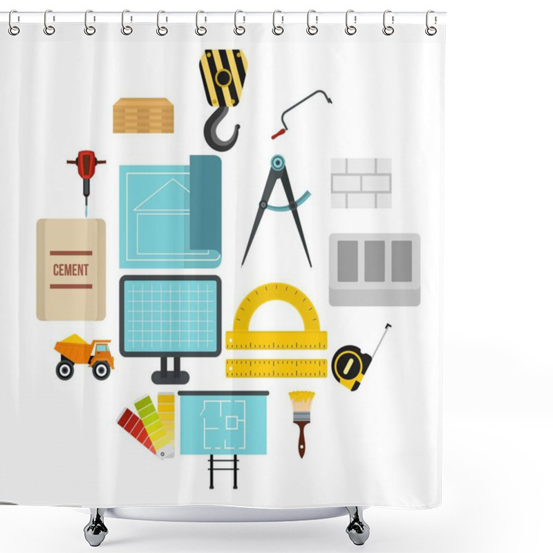 Personality  Construction Icons Set, Flat Style Shower Curtains