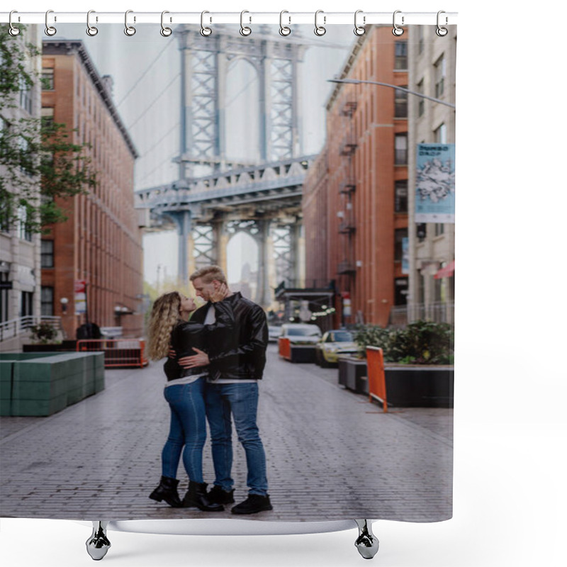 Personality  A Romantic Couple Is Posing In DUMBO, Featuring A Stunning Manhattan Bridge Backdrop, Ideal For Lovethemed Stories In New York Shower Curtains