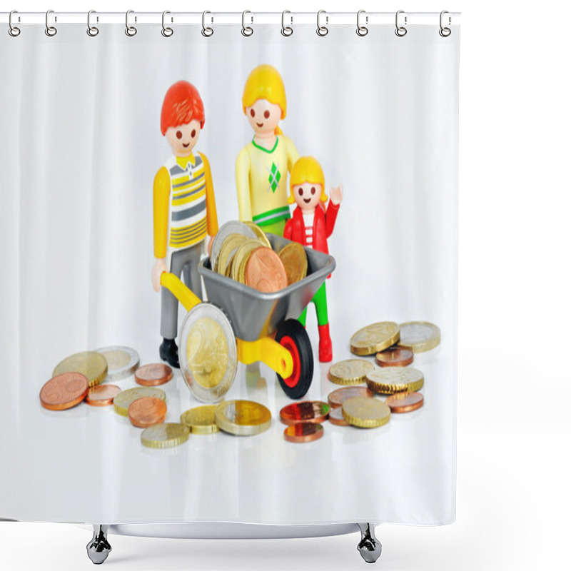 Personality  Child Allowance - Playmobil Family And A Wheelbarrow Filled With Coins Shower Curtains